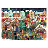 Illustration of a festive Christmas market scene with people and stalls.