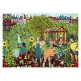 Illustration of people gardening in a community garden with a cityscape in the background.