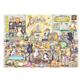 Illustration of a cat-themed store with various cats and products.