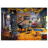 Modern living room with a grand piano, colorful decor, and a large window.