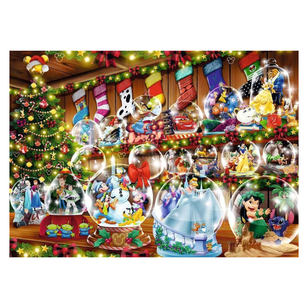 Disney-themed Christmas scene with snow globes and festive decorations.