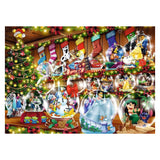 Disney-themed Christmas scene with snow globes and festive decorations.