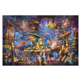 Fantasy scene with dragons, candles, and magical elements in a room.