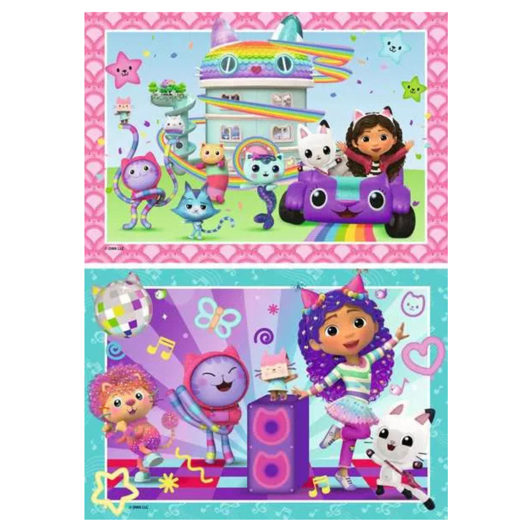 Two colorful panels featuring cartoon characters and a rainbow-themed house on a pink and blue background.