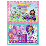 Two colorful panels featuring cartoon characters and a rainbow-themed house on a pink and blue background.