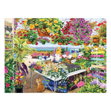Colorful garden center scene with flowers, plants, and a cat.