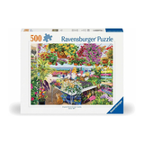 Ravensburger puzzle box with a garden scene on a white background
