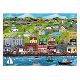 Colorful illustration of a coastal town with houses, boats, and greenery.
