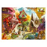 Colorful fantasy village with whimsical houses and characters