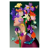 Artistic depiction of a woman's face with colorful flowers and butterflies