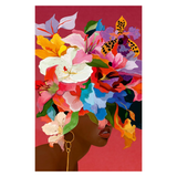 Artistic depiction of a woman's head with colorful flowers on a red background