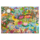 Colorful illustration of a garden scene with flowers, animals, and plants.