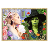 Two characters, one with blonde hair and floral headpiece, the other with green skin and witch hat, surrounded by flowers and decorative elements.