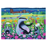 Colorful illustration of badgers in a garden with flowers and a castle in the background
