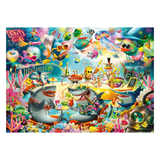 Colorful underwater scene with various sea creatures and objects