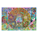 Colorful circular design with artistic elements and figures on a white background
