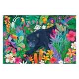 Colorful illustration of a panther surrounded by tropical plants and birds on a white background