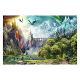 Fantasy landscape with castle, dragons, and mountains
