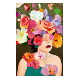 Artistic depiction of a woman with colorful flowers in her hair and shoulders against a white background