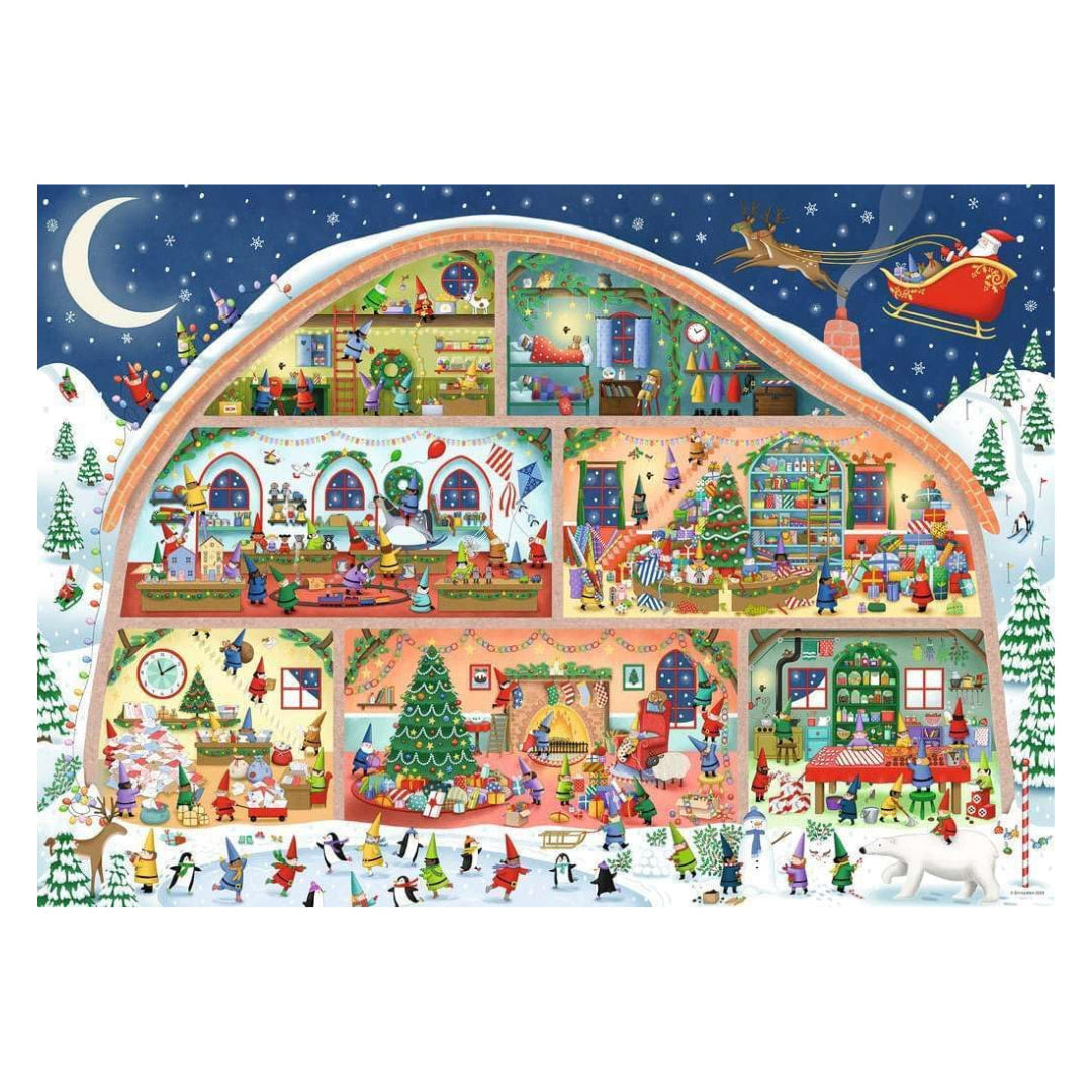 Illustration of a festive village scene with a barn, shops, and people enjoying winter activities.
