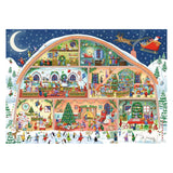 Illustration of a festive village scene with a barn, shops, and people enjoying winter activities.