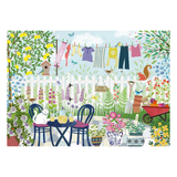 Illustration of a garden scene with flowers, plants, and outdoor furniture.