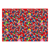 Pattern of cartoon characters on a red background