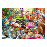 Colorful illustration of a room filled with various cat-themed items and furniture.