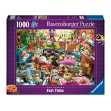 Ravensburger puzzle box with a colorful illustration of a room filled with cats and various objects.