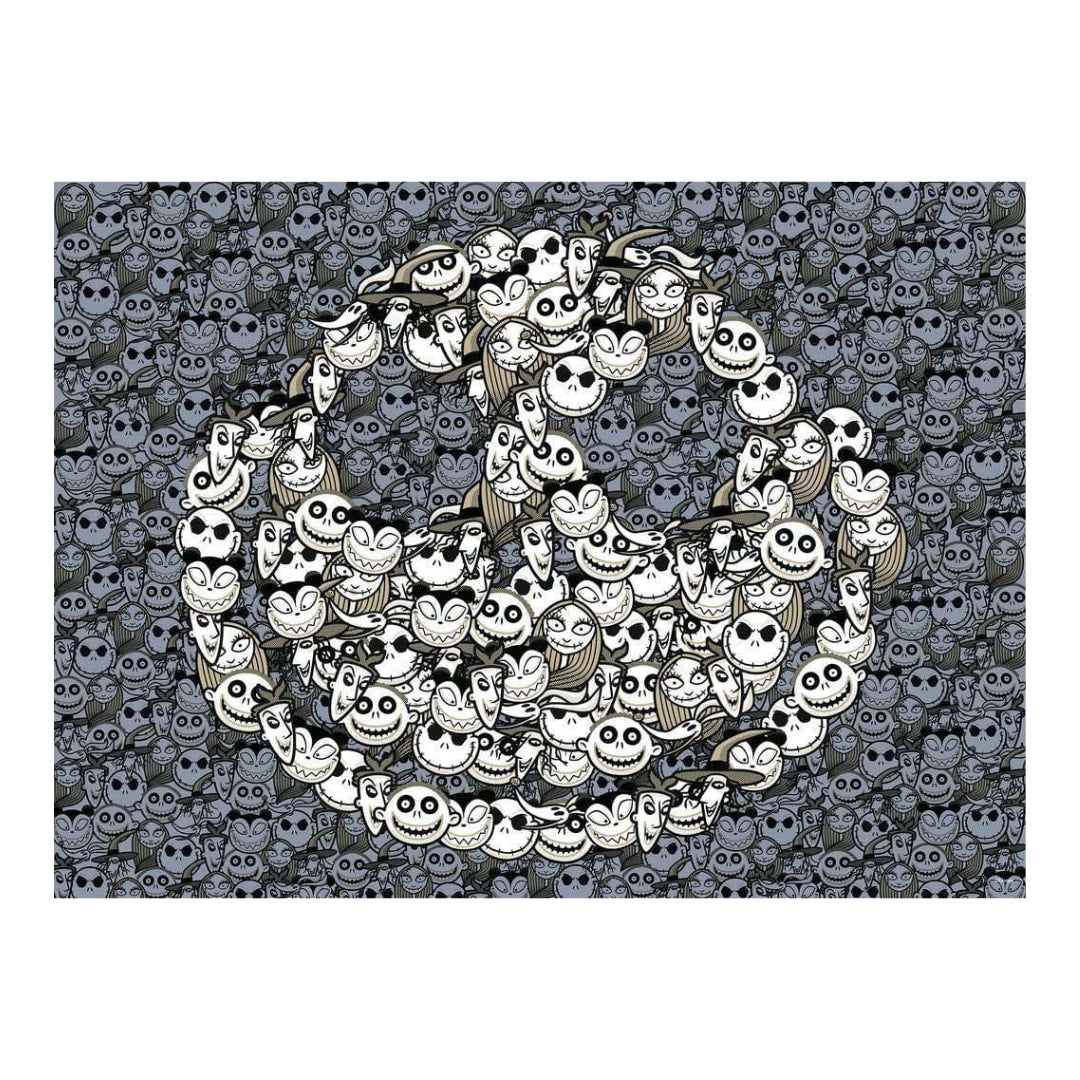 Pumpkin shaped arrangement of cartoonish jack skellington faces on a skull patterned background