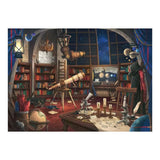Illustration of an astronomer's study with telescopes, books, and scientific instruments.