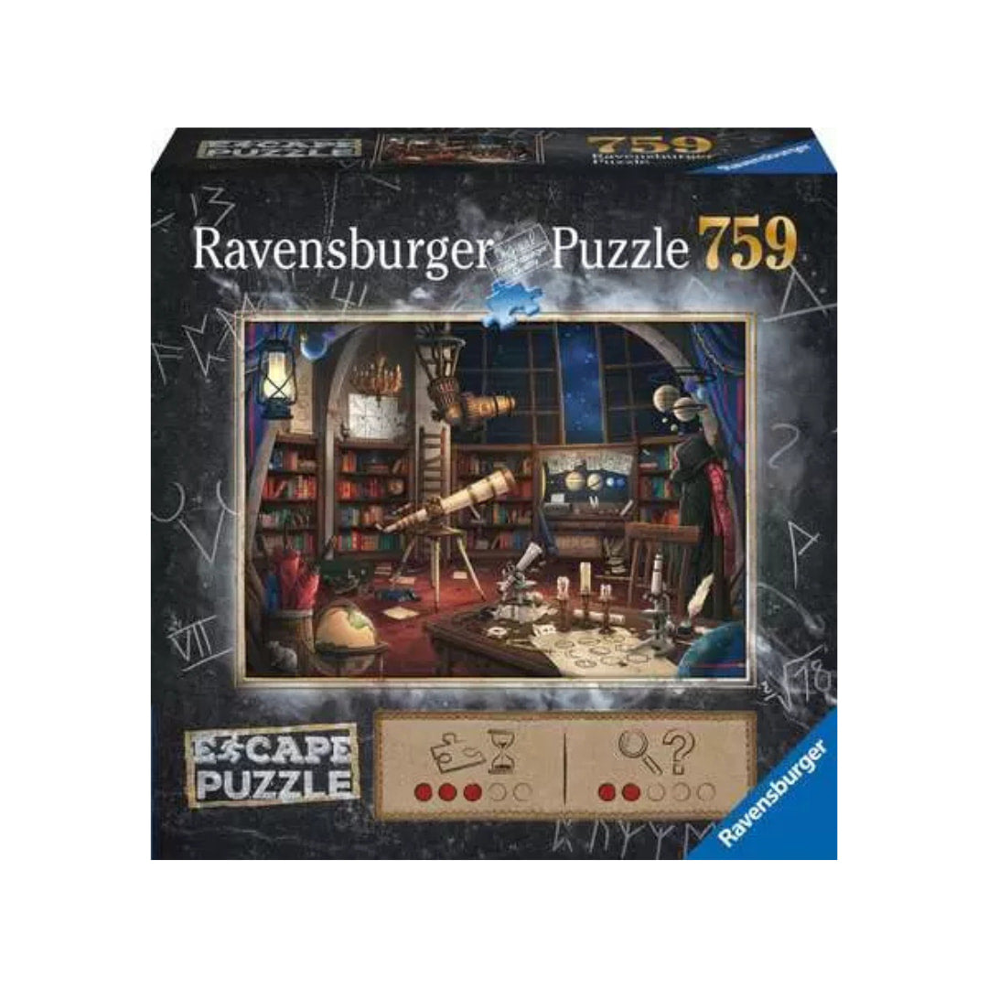 Ravensburger puzzle box with an illustration of a scientist in a lab and text indicating it's an escape puzzle.