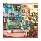 Colorful living room with a green sofa, coffee table, and decorative elements.