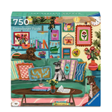 Ravensburger puzzle box with a colorful living room scene and dogs.