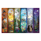Set of six colorful illustrated panels with various scenes and elements.