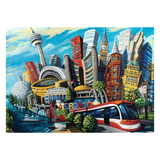 Colorful Toronto cityscape with modern and vintage buildings, a train, and a lake.