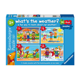Ravensburger puzzle box titled 'What's the Weather?' with colorful illustrations on a blue background.