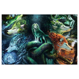 Four stylized wolves in different colors and poses on a dark background
