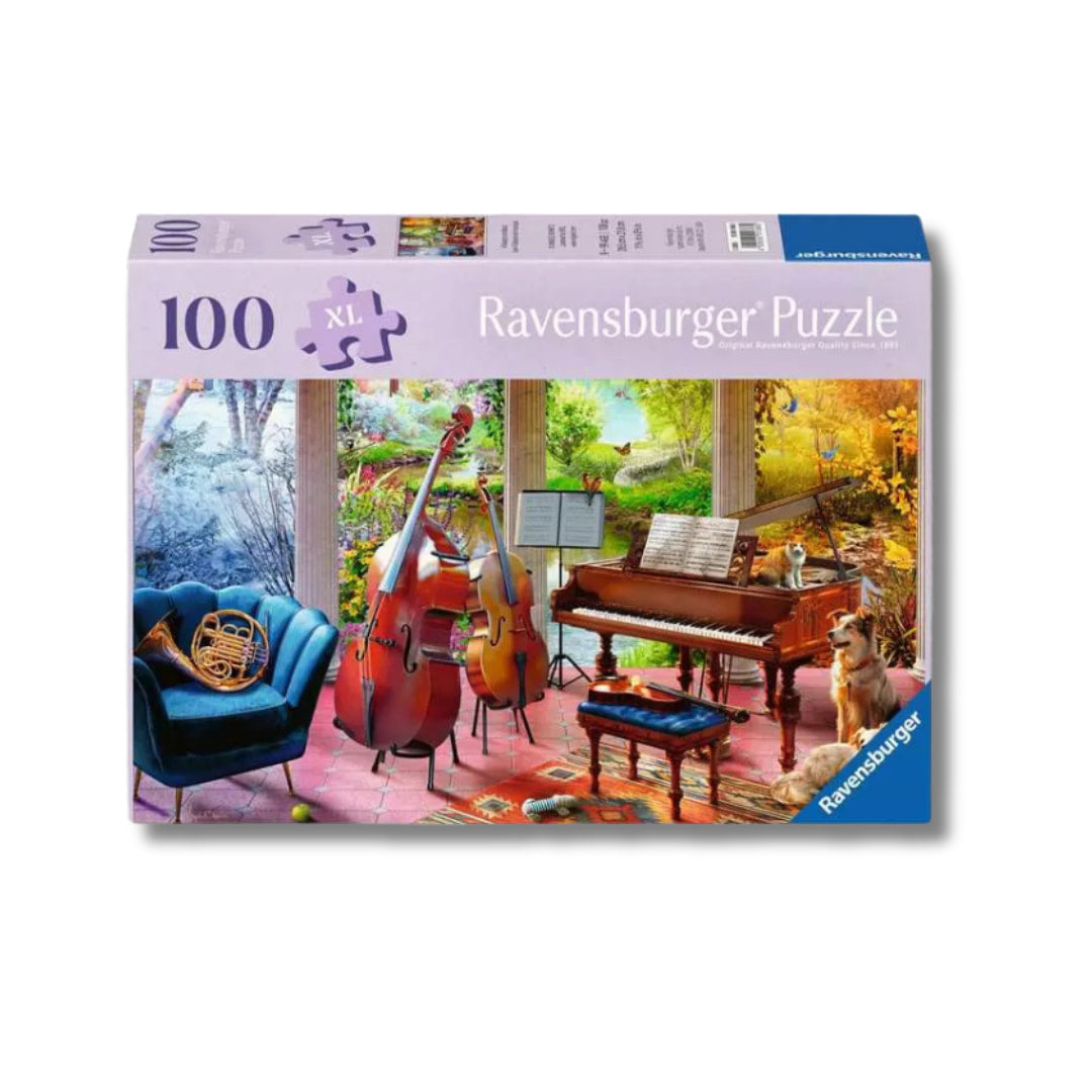 Ravensburger puzzle box with musical instruments and a dog on a white background