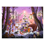 A festive winter forest illustration featuring a snow-covered Christmas tree with lights and presents, surrounded by animals including a bear, deer, fox, owl, squirrel, and birds under a purple and pink sky.