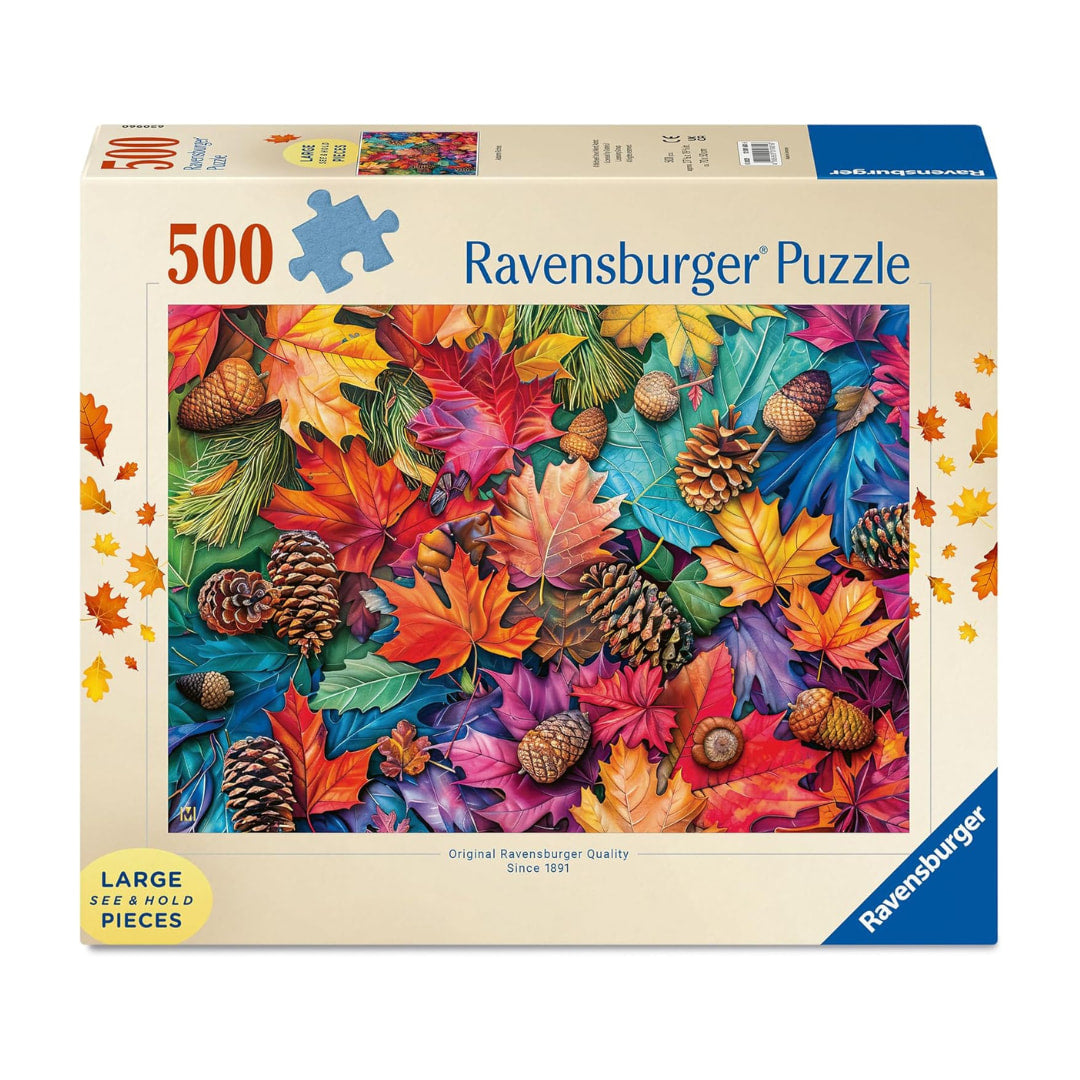 Ravensburger puzzle box with colorful autumn leaves and pinecones design