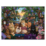 A colorful fantasy illustration featuring several cats lounging in a lush bookroom scene with bookshelves, flowers, a waterfall, and small houses in the background.