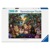 Ravensburger 2000-piece jigsaw puzzle box featuring a colorful illustration of cats lounging in a lush, fantasy-filled library or garden scene with flowers, bookshelves, and a waterfall.