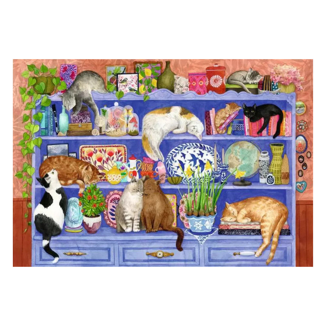 Illustration of cats on a bookshelf with various items