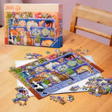 Jigsaw puzzle with completed pieces and scattered pieces on a table, next to the packaging.