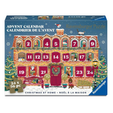 Ravensburger Advent Calendar puzzle box featuring a festive Christmas house illustration with 24 numbered windows, trees, ornaments, and holiday decorations on a blue background.