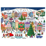 A colorful illustrated winter village scene with snow-covered hills, houses, Christmas trees, people, cars, and festive storefronts, presented as the product artwork itself.