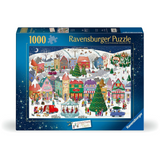 Ravensburger 1000-piece jigsaw puzzle box featuring a colorful winter village scene with snow-covered houses, Christmas trees, sleighs, and festive people, shown on a white background.