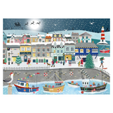 A festive illustrated harbor scene with snow-covered houses, Christmas trees, sleighs overhead, and several boats at night. The artwork appears to be the product itself rather than a photo of a physical object in a room, so this fits Scenery.