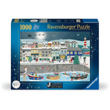 Ravensburger 1000-piece jigsaw puzzle box titled 'Coastal Christmas', featuring a colorful winter harbor scene with houses, boats, sleighs, and festive activity on the front, set against a plain white background.